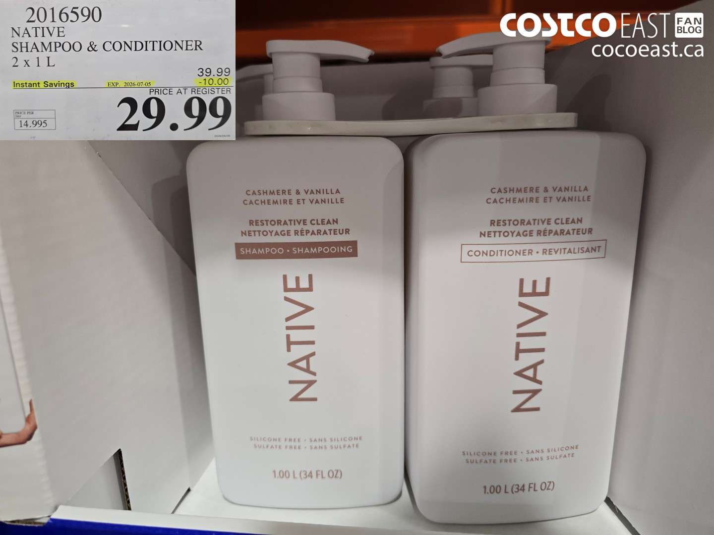 2016590 NATIVE SHAMPOO & CONDITIONER 2 X 1 L ($10.00 INSTANT SAVINGS EXPIRES ON 2026-07-05) $29.99