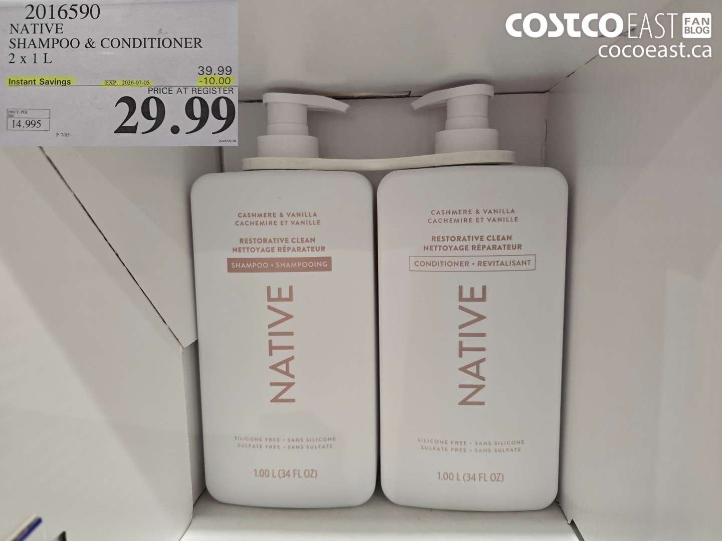 2016590 NATIVE SHAMPOO & CONDITIONER 2 X 1 L ($10.00 INSTANT SAVINGS EXPIRES ON 2026-07-05) $29.99