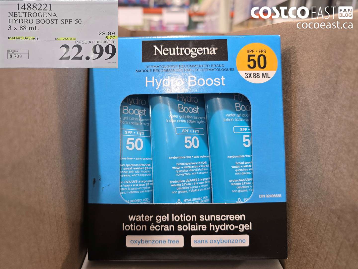 1488221 NEUTROGENA HYDRO BOOST SPF 50 3 X 88 ML ($6.00 INSTANT SAVINGS EXPIRES ON 2026-06-28) $22.99