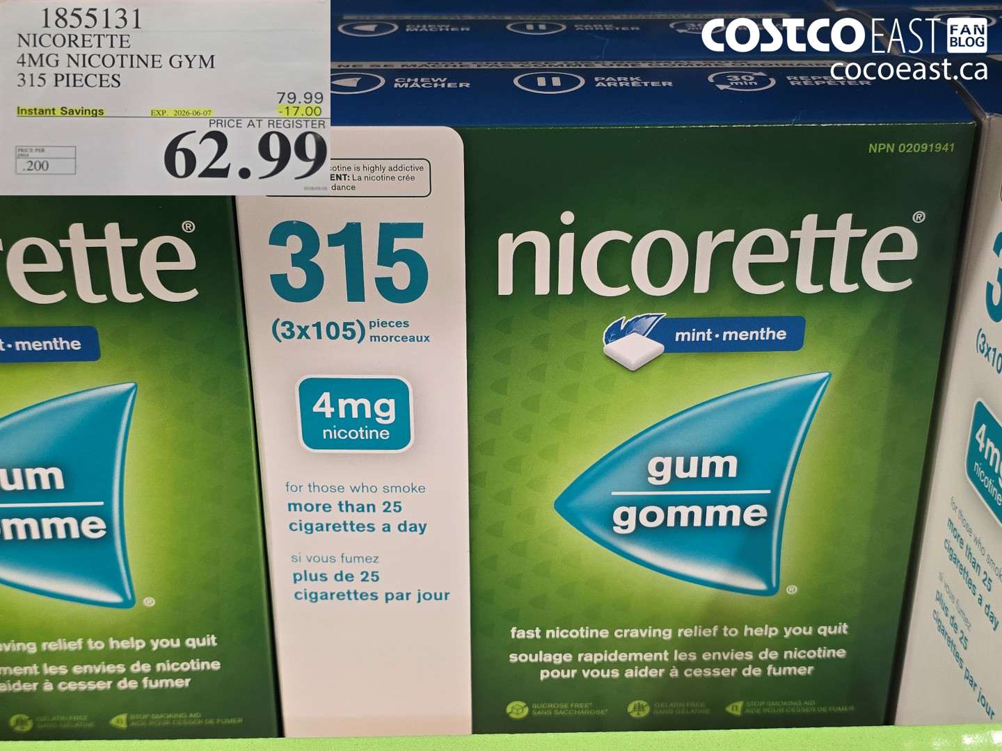 1855131 NICORETTE 4MG NICOTINE GYM 315 PIECES ($17.00 INSTANT SAVINGS EXPIRES ON 2026-06-07) $62.99