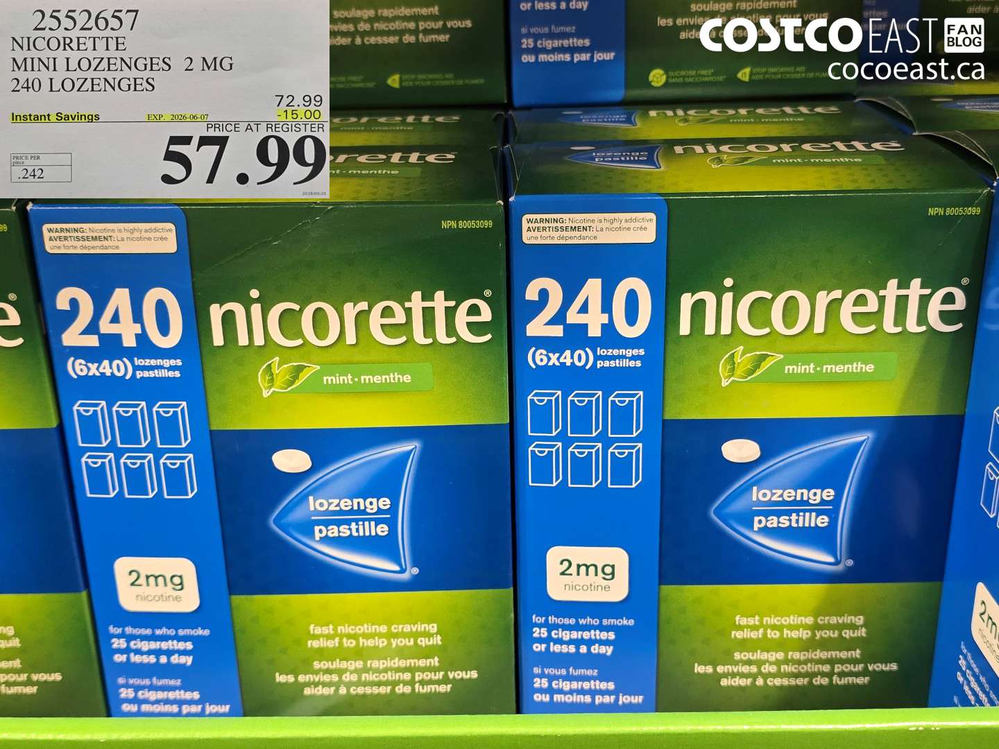 2552657 NICORETTE MINI LOZENGES 2 MG 240 LOZENGES ($15.00 INSTANT SAVINGS EXPIRES ON 2026-06-07) $57.99