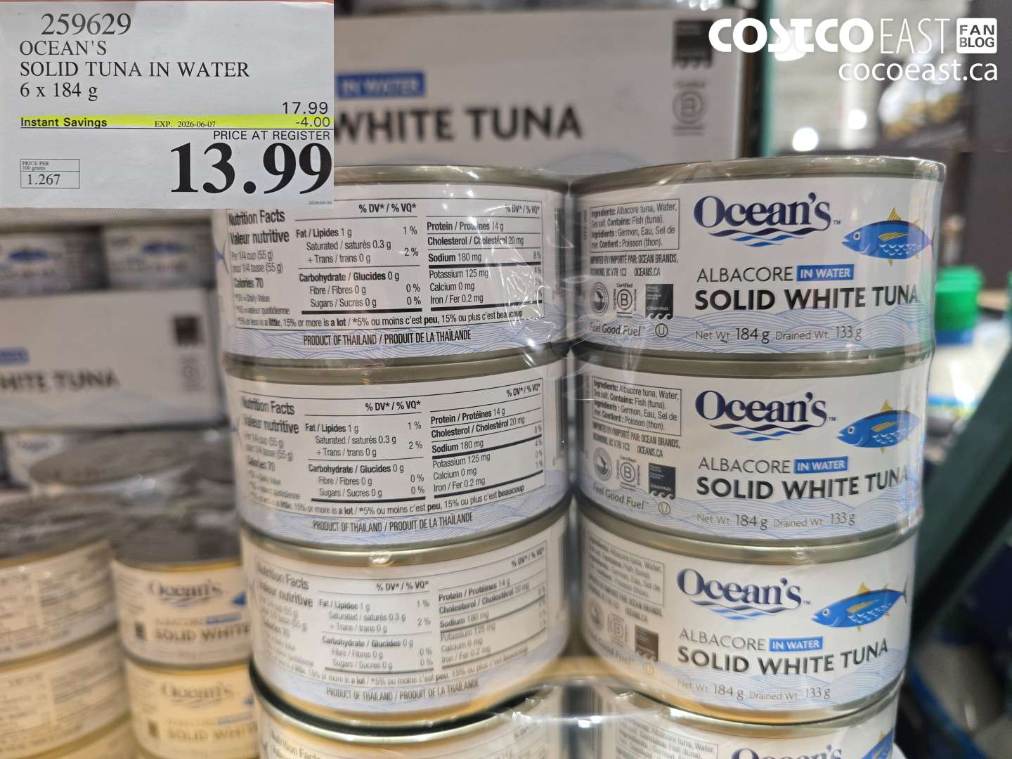 259629 OCEAN'S SOLID TUNA IN WATER 6 X 184 G ($4.00 INSTANT SAVINGS EXPIRES ON 2026-06-07) $13.99