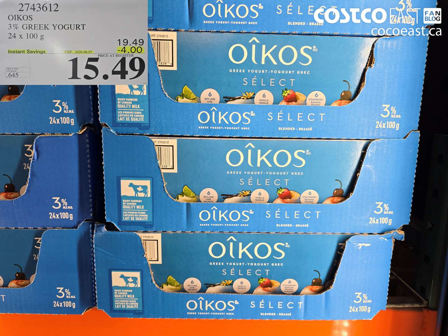 2743612 OIKOS 3% GREEK YOGURT 24 X 100 G ($4.00 INSTANT SAVINGS EXPIRES ON 2026-06-07) $15.49