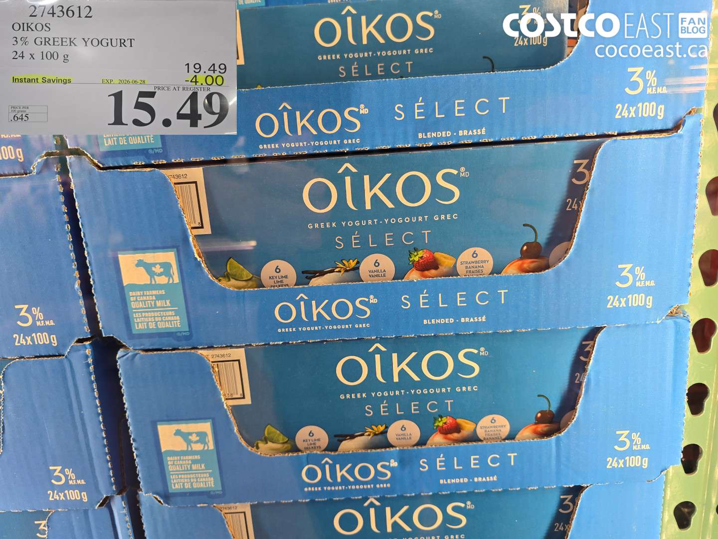 2743612 OIKOS 3% GREEK YOGURT 24 X 100 G ($4.00 INSTANT SAVINGS EXPIRES ON 2026-06-28) $15.49