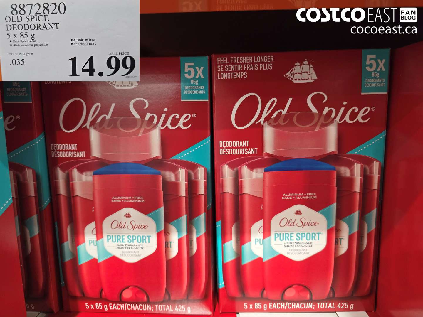 8872820 OLD SPICE DEODORANT 5 X 85 G $14.99