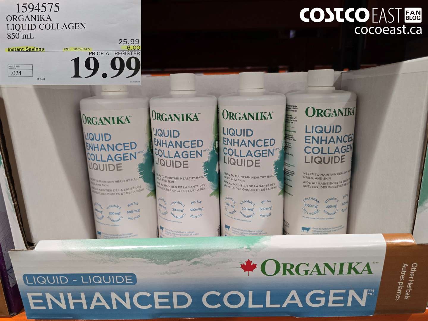 1594575 ORGANIKA LIQUID COLLAGEN 850 ML ($6.00 INSTANT SAVINGS EXPIRES ON 2026-07-05) $19.99