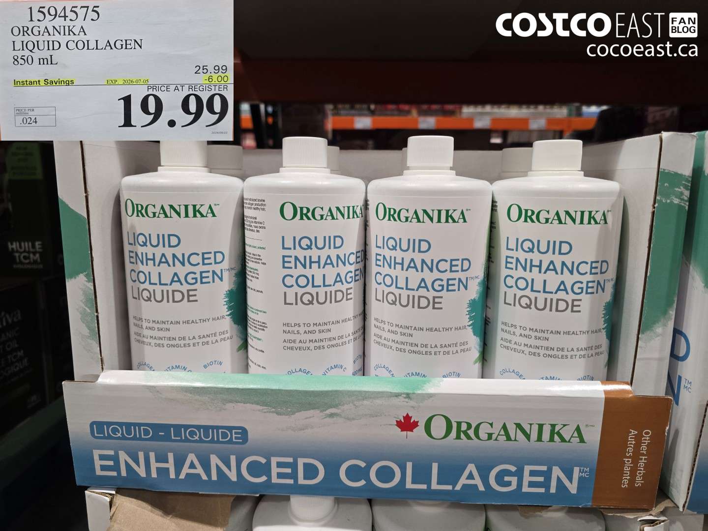 1594575 ORGANIKA LIQUID COLLAGEN 850 ML ($6.00 INSTANT SAVINGS EXPIRES ON 2026-07-05) $19.99