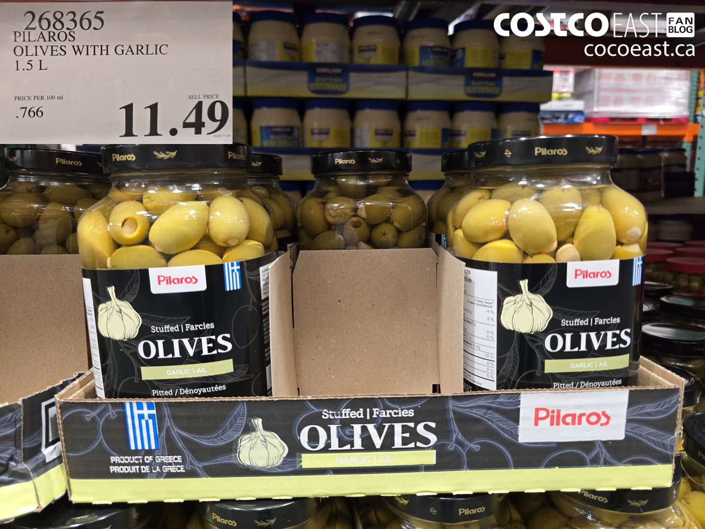 268365 PILAROS OLIVES WITH GARLIC 1.5 L $11.49