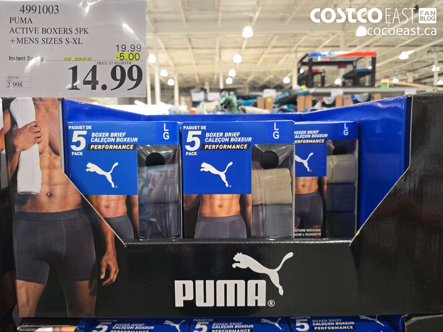 4991003 PUMA ACTIVE BOXERS 5PK +MENS SIZES S-XL ($5.00 INSTANT SAVINGS EXPIRES ON 2026-07-05) $14.99