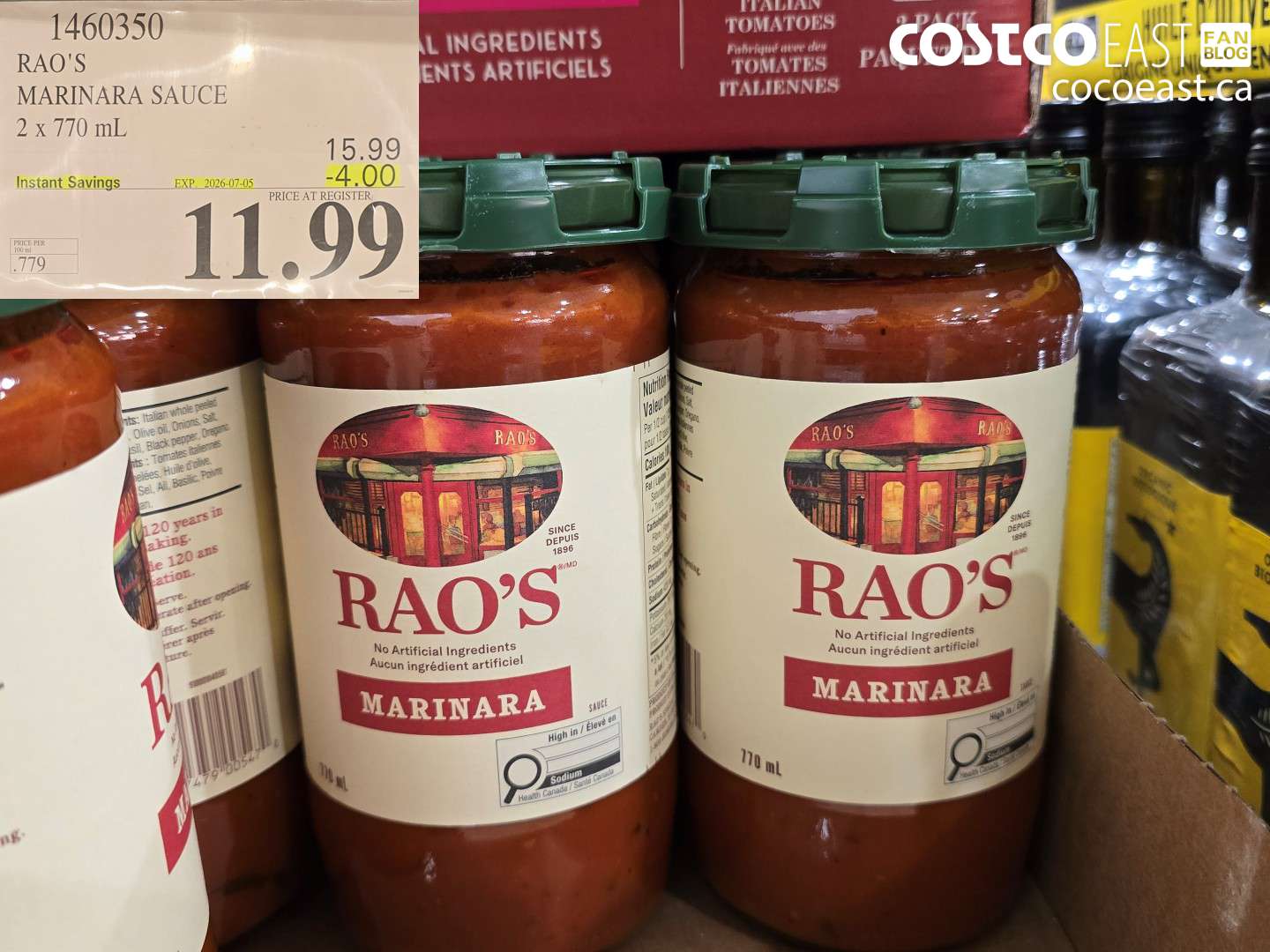 1460350 RAO'S MARINARA SAUCE 2 X 770 ML ($4.00 INSTANT SAVINGS EXPIRES ON 2026-07-05) $11.99