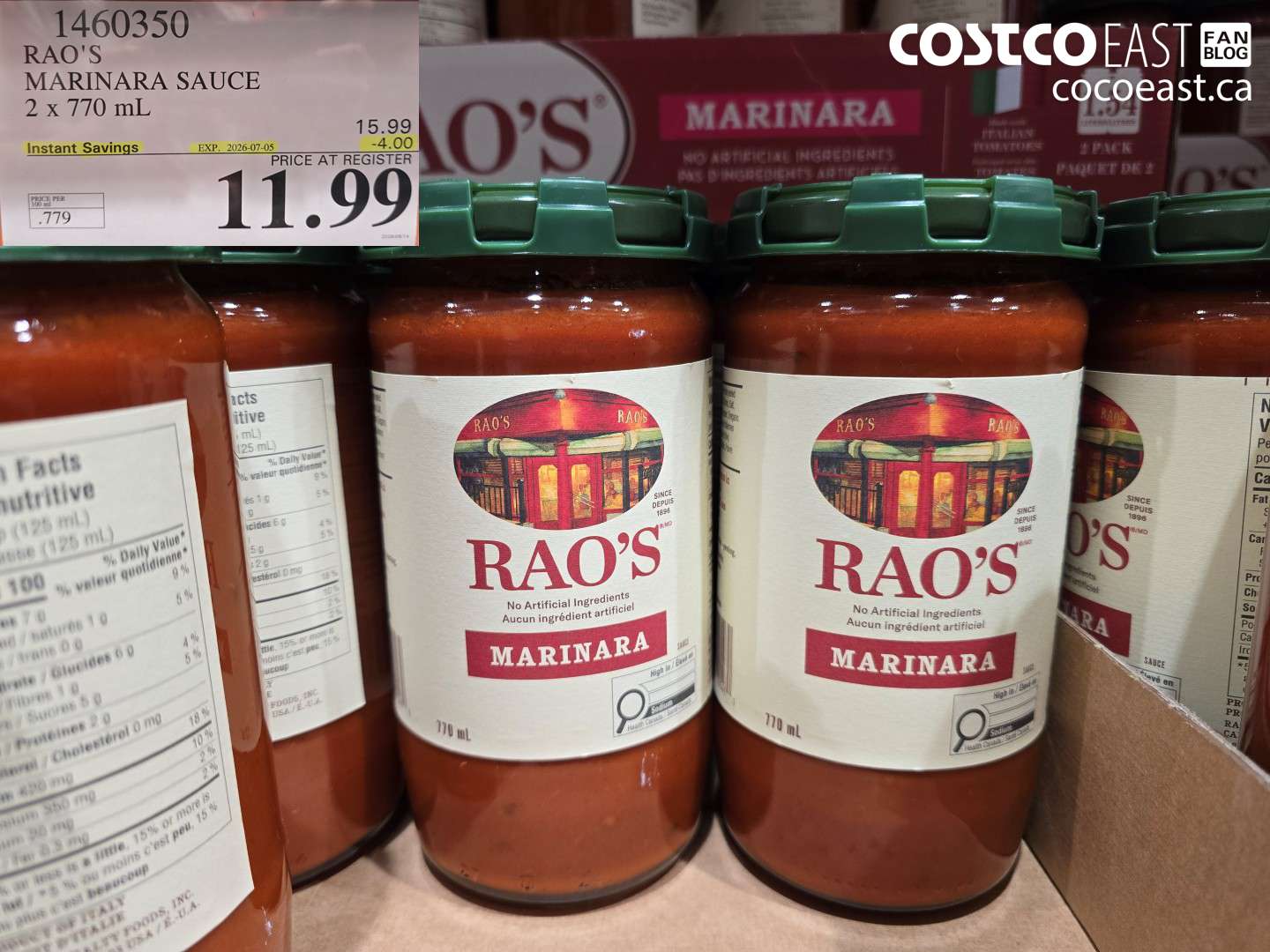 1460350 RAO'S MARINARA SAUCE 2 X 770 ML ($4.00 INSTANT SAVINGS EXPIRES ON 2026-07-05) $11.99