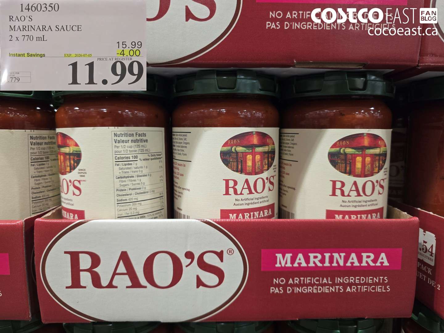 1460350 RAO'S MARINARA SAUCE 2 X 770 ML ($4.00 INSTANT SAVINGS EXPIRES ON 2026-07-05) $11.99