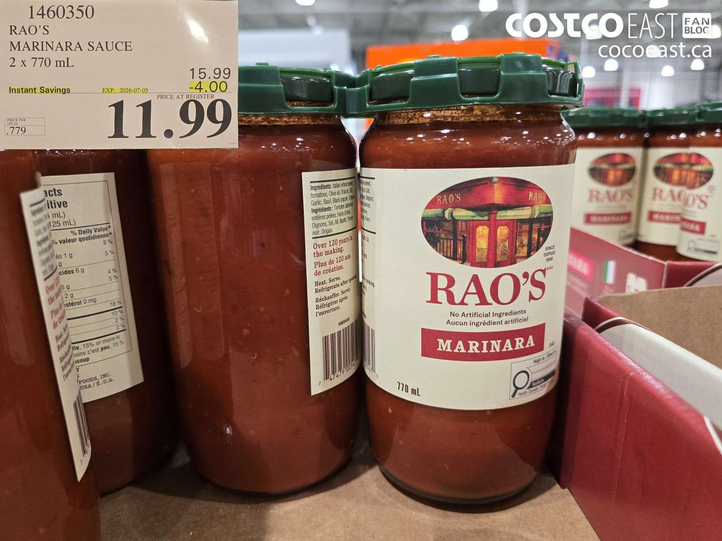 1460350 RAO'S MARINARA SAUCE 2 X 770 ML ($4.00 INSTANT SAVINGS EXPIRES ON 2026-07-05) $11.99
