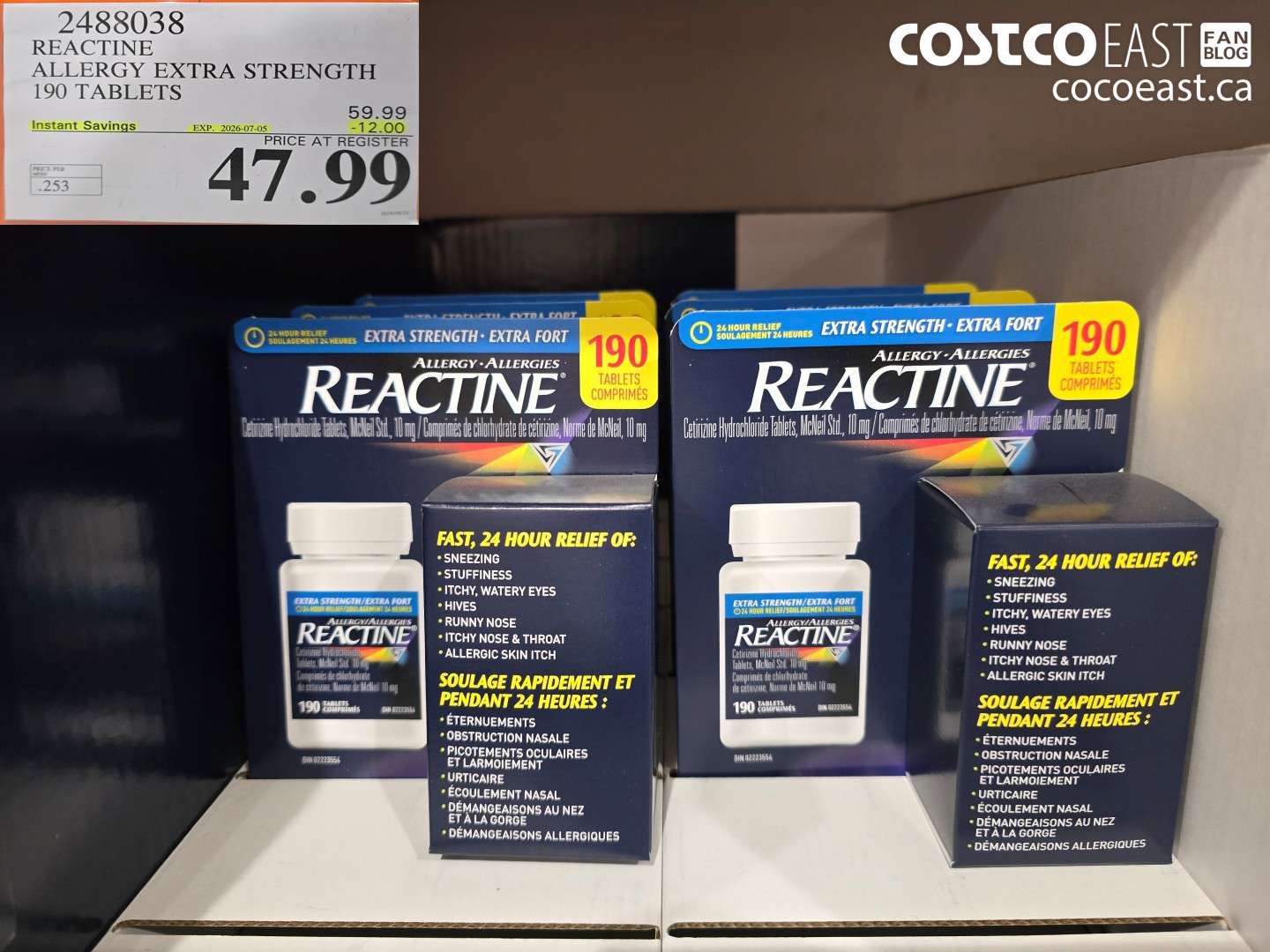 2488038 REACTINE ALLERGY EXTRA STRENGTH 190 TABLETS ($12.00 INSTANT SAVINGS EXPIRES ON 2026-07-05) $47.99