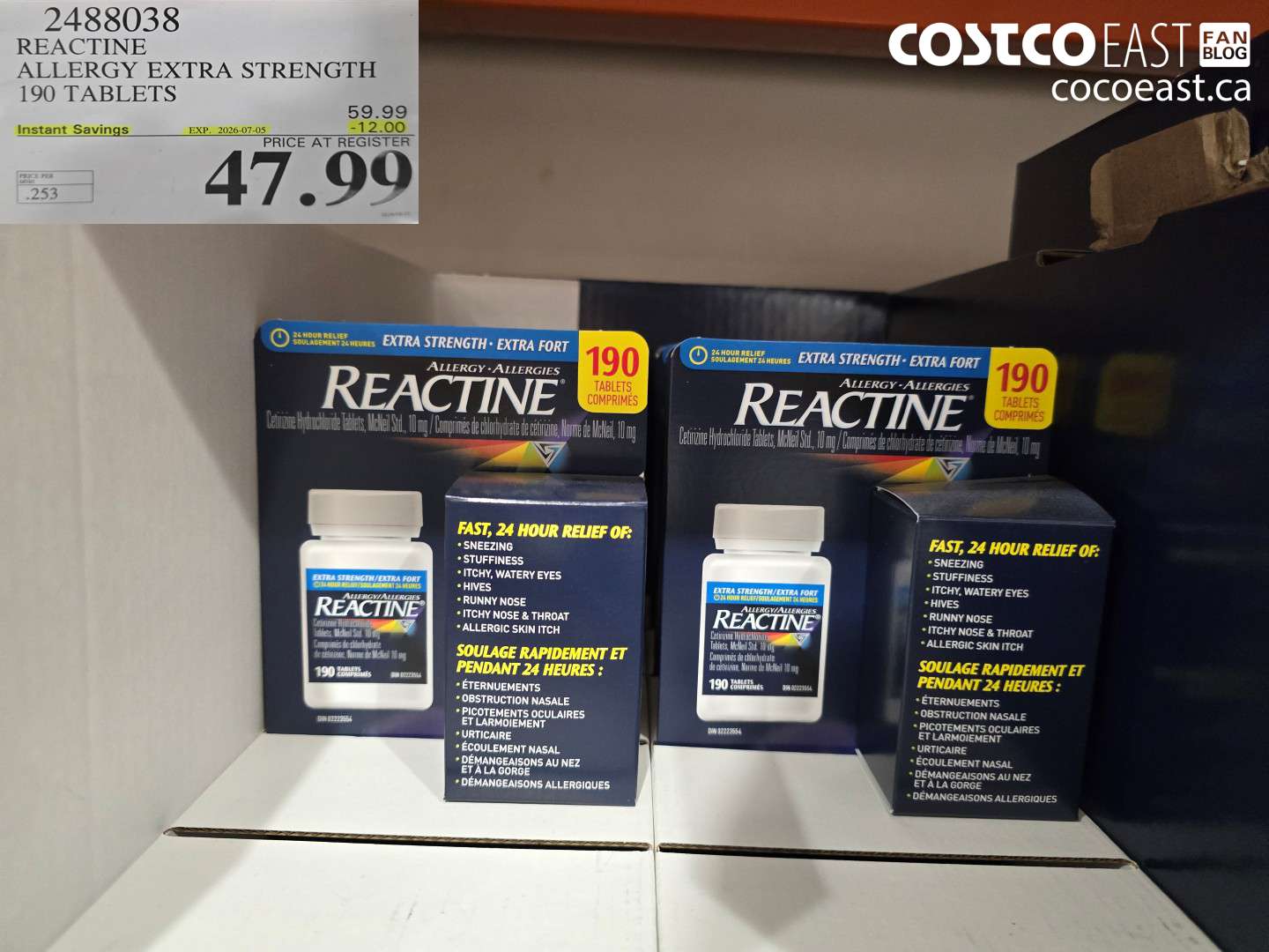 2488038 REACTINE ALLERGY EXTRA STRENGTH 190 TABLETS ($12.00 INSTANT SAVINGS EXPIRES ON 2026-07-05) $47.99