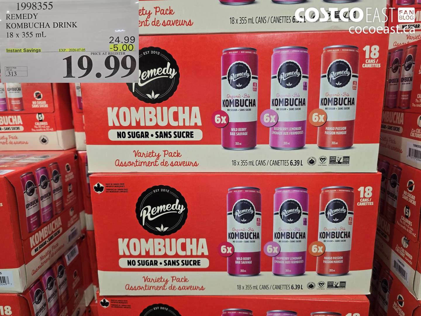 1998355 REMEDY KOMBUCHA DRINK 18 X 355 ML ($5.00 INSTANT SAVINGS EXPIRES ON 2026-07-05) $19.99