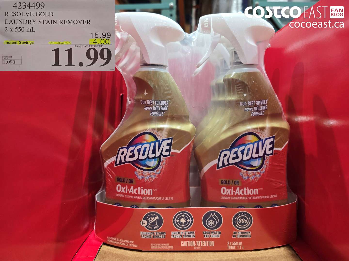 4234499 RESOLVE GOLD LAUNDRY STAIN REMOVER 2 X 550 ML ($4.00 INSTANT SAVINGS EXPIRES ON 2026-07-05) $11.99