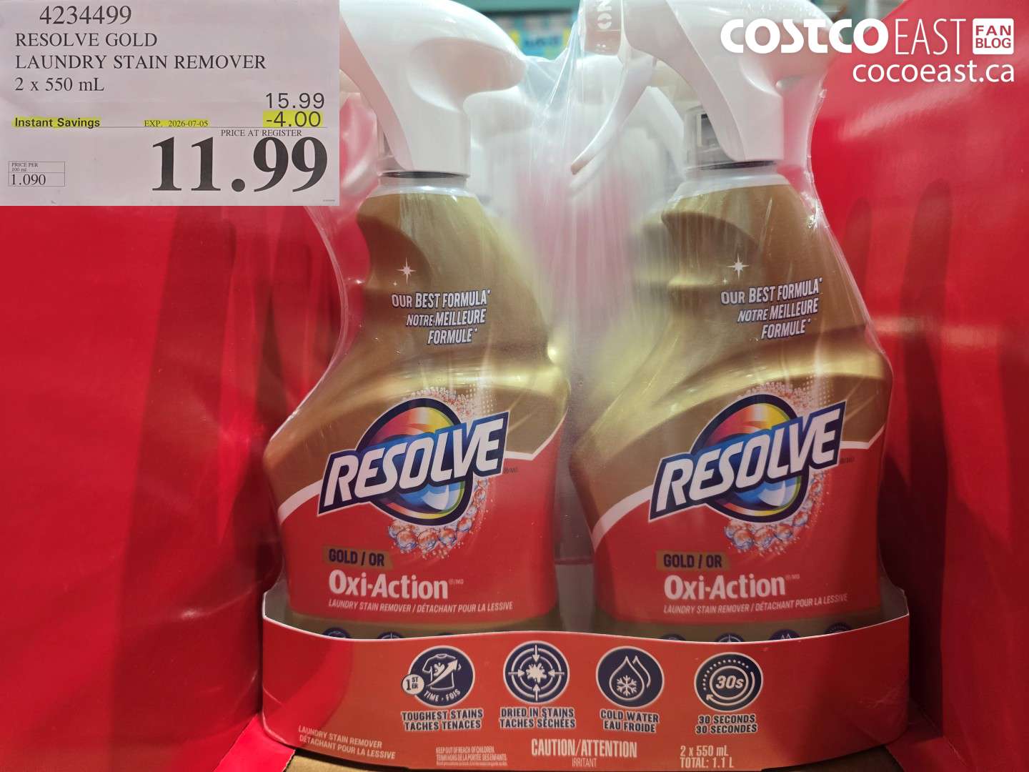 4234499 RESOLVE GOLD LAUNDRY STAIN REMOVER 2 X 550 ML ($4.00 INSTANT SAVINGS EXPIRES ON 2026-07-05) $11.99