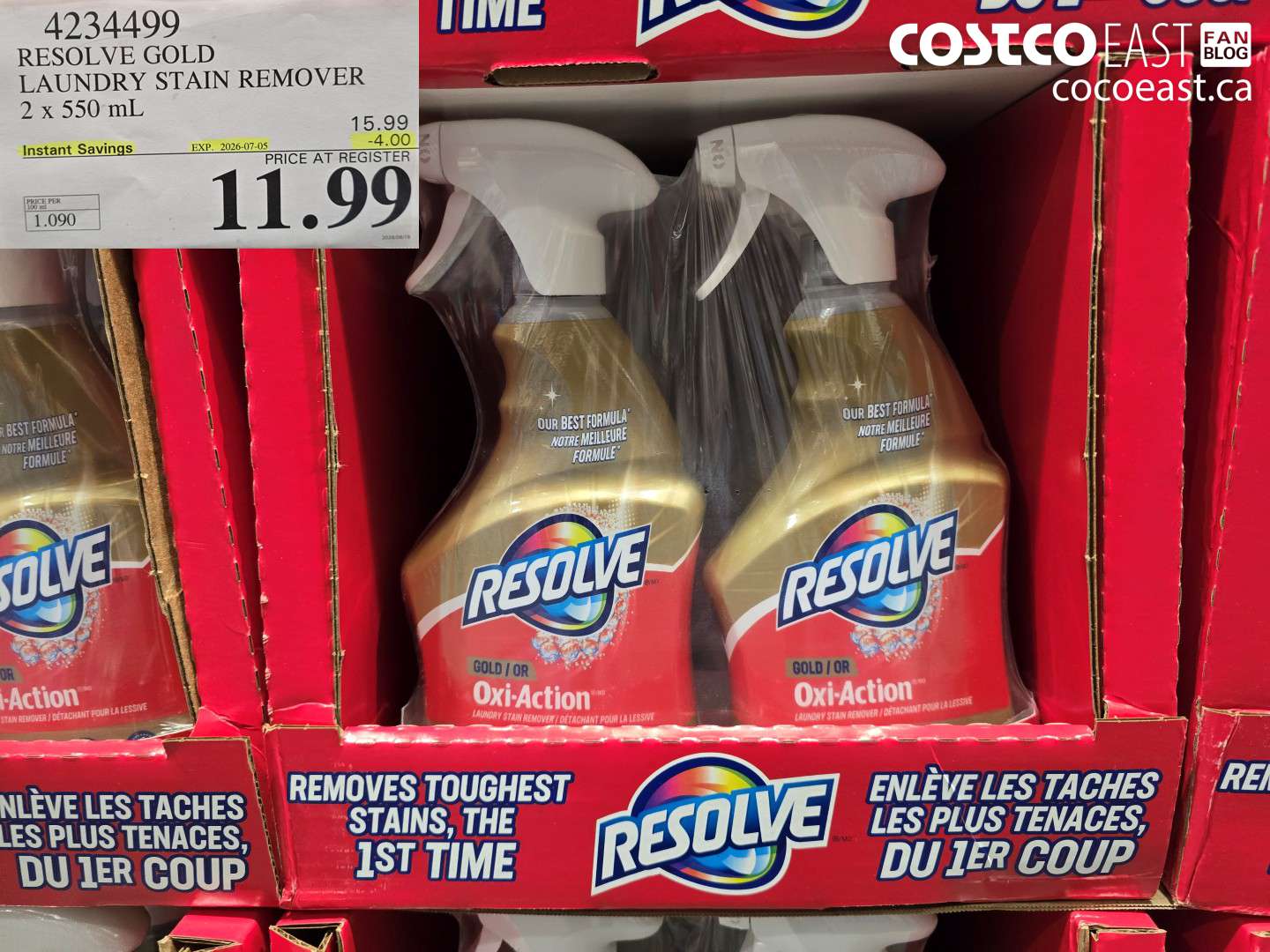 4234499 RESOLVE GOLD LAUNDRY STAIN REMOVER 2 X 550 ML ($4.00 INSTANT SAVINGS EXPIRES ON 2026-07-05) $11.99