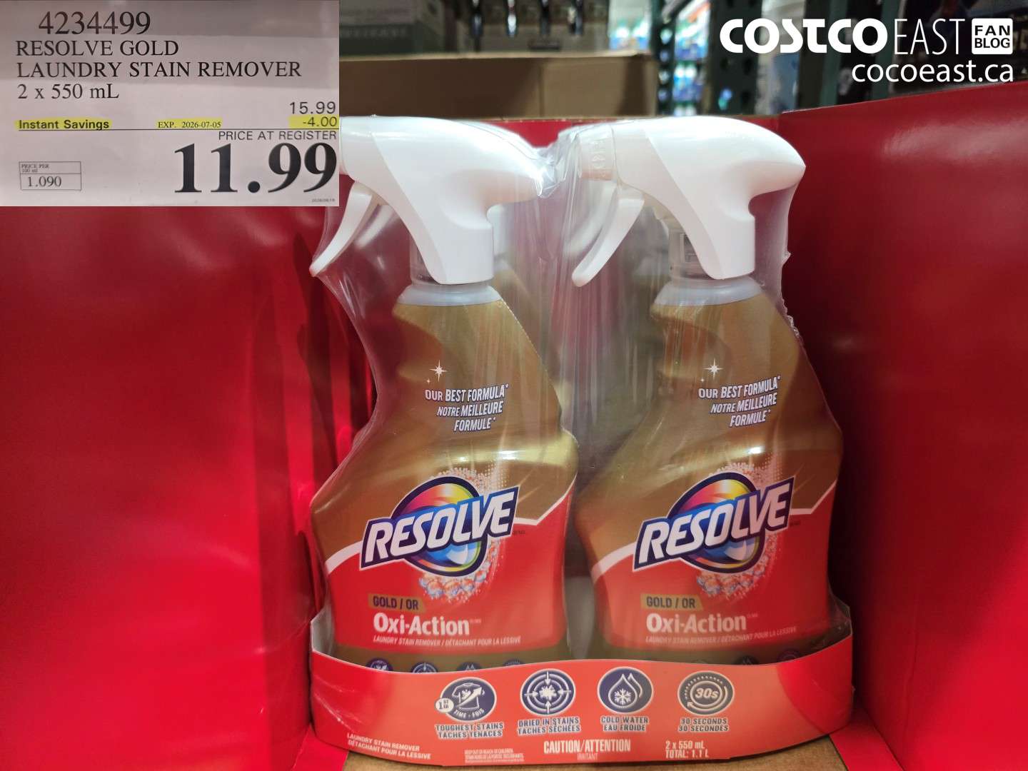 4234499 RESOLVE GOLD LAUNDRY STAIN REMOVER 2 X 550 ML ($4.00 INSTANT SAVINGS EXPIRES ON 2026-07-05) $11.99