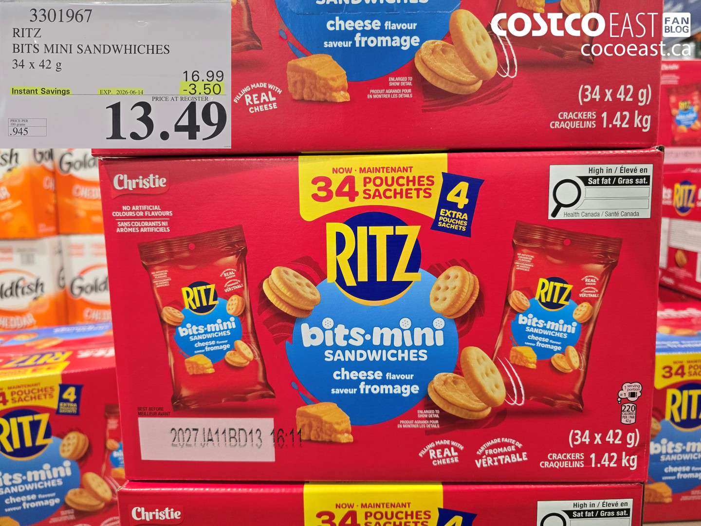 3301967 RITZ BITS MINI SANDWHICHES 34 X 42 G ($3.50 INSTANT SAVINGS EXPIRES ON 2026-06-14) $13.49