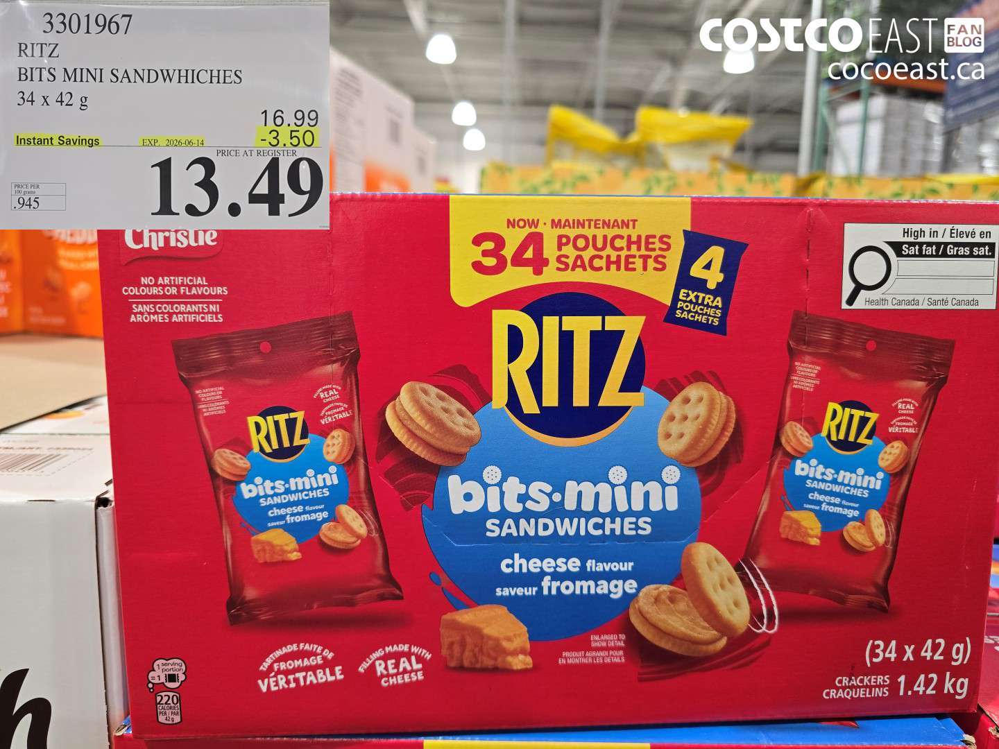 3301967 RITZ BITS MINI SANDWHICHES 34 X 42 G ($3.50 INSTANT SAVINGS EXPIRES ON 2026-06-14) $13.49
