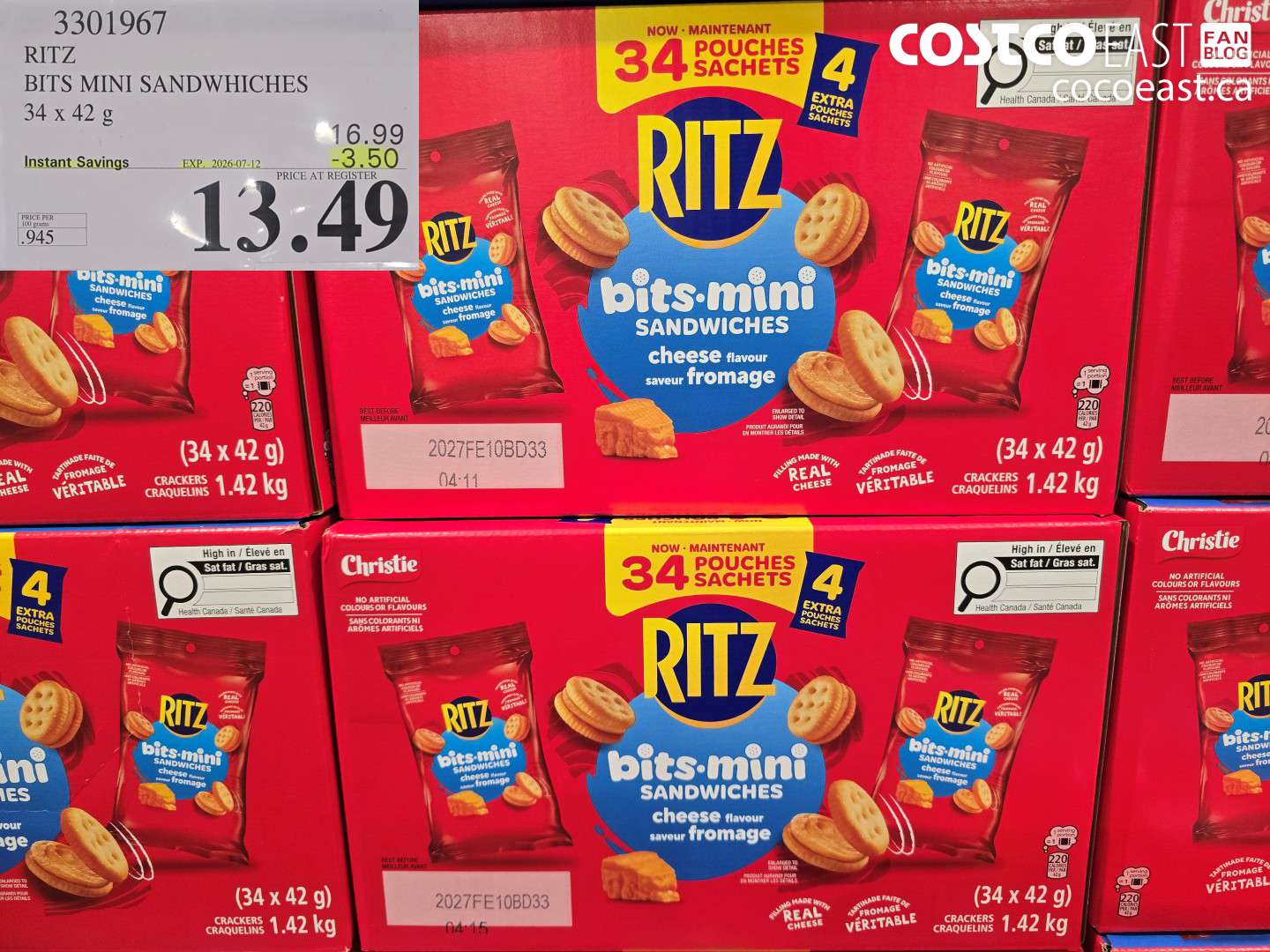 3301967 RITZ BITS MINI SANDWHICHES 34 X 42 G ($3.50 INSTANT SAVINGS EXPIRES ON 2026-07-12) $13.49