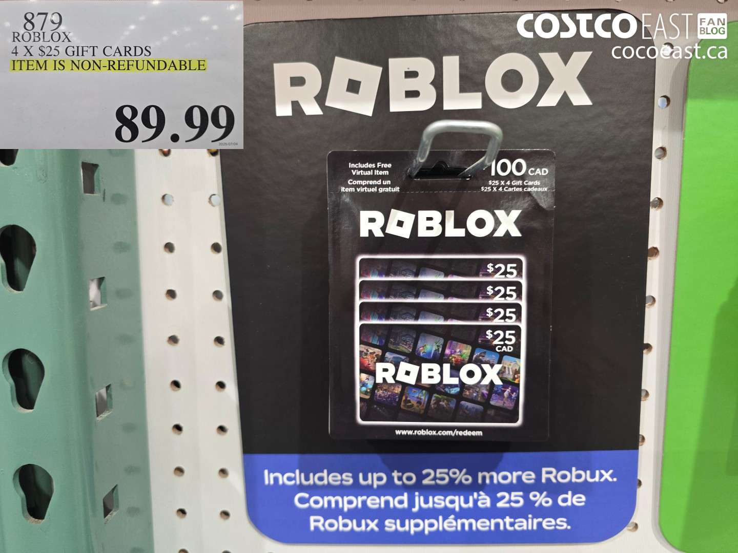 879 ROBLOX 4 X $25 GIFT CARDS $89.99