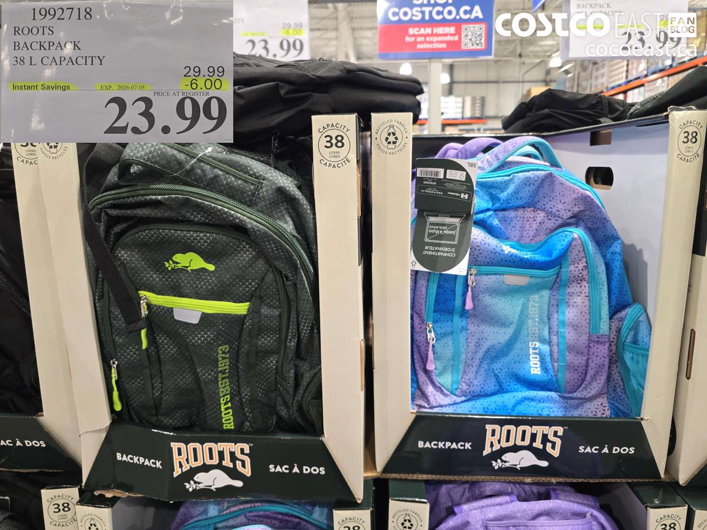 1992718 ROOTS BACKPACK 38 L CAPACITY ($6.00 INSTANT SAVINGS EXPIRES ON 2026-07-05) $23.99