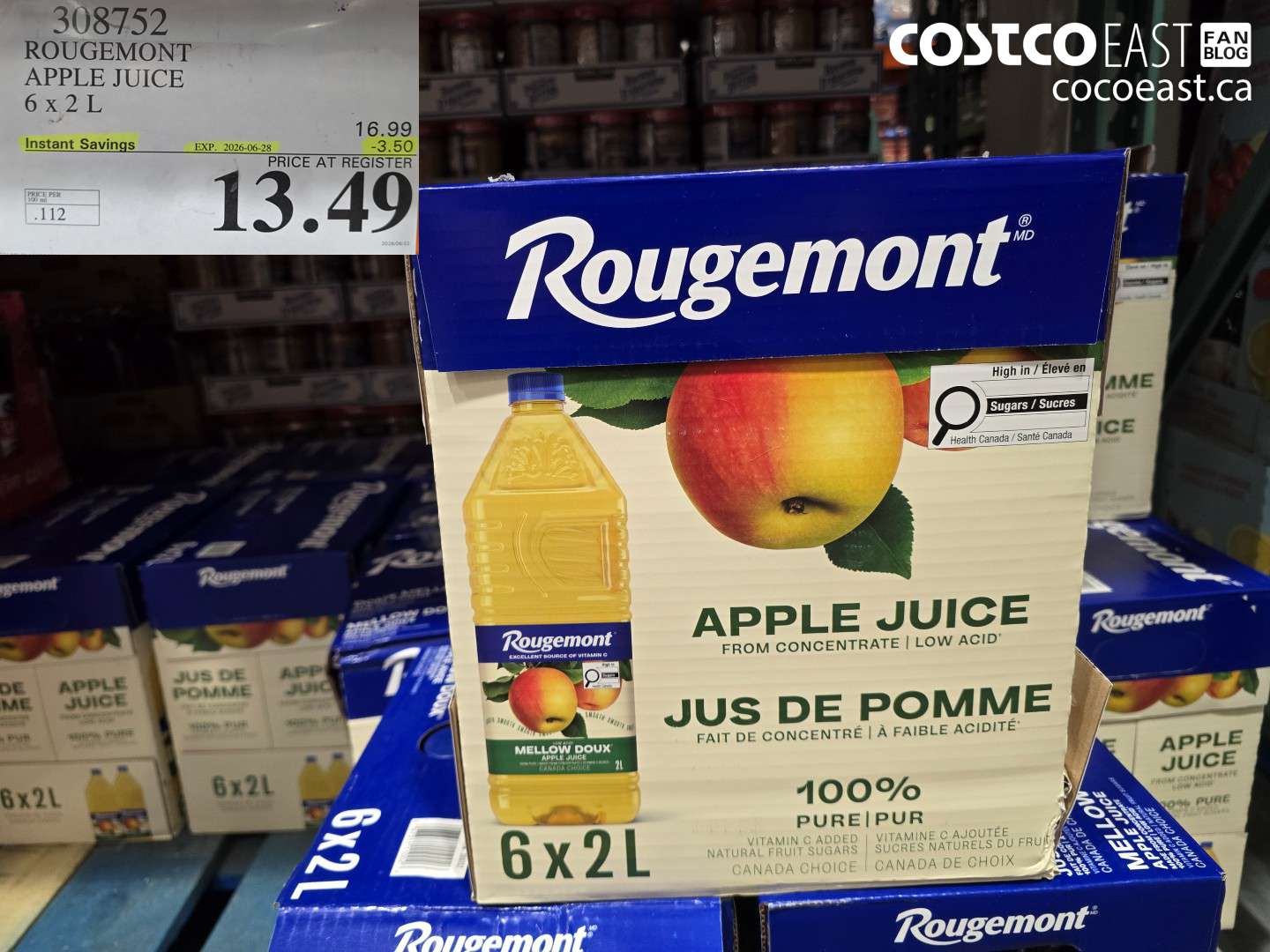 308752 ROUGEMONT APPLE JUICE 6 X 2 L ($3.50 INSTANT SAVINGS EXPIRES ON 2026-06-28) $13.49