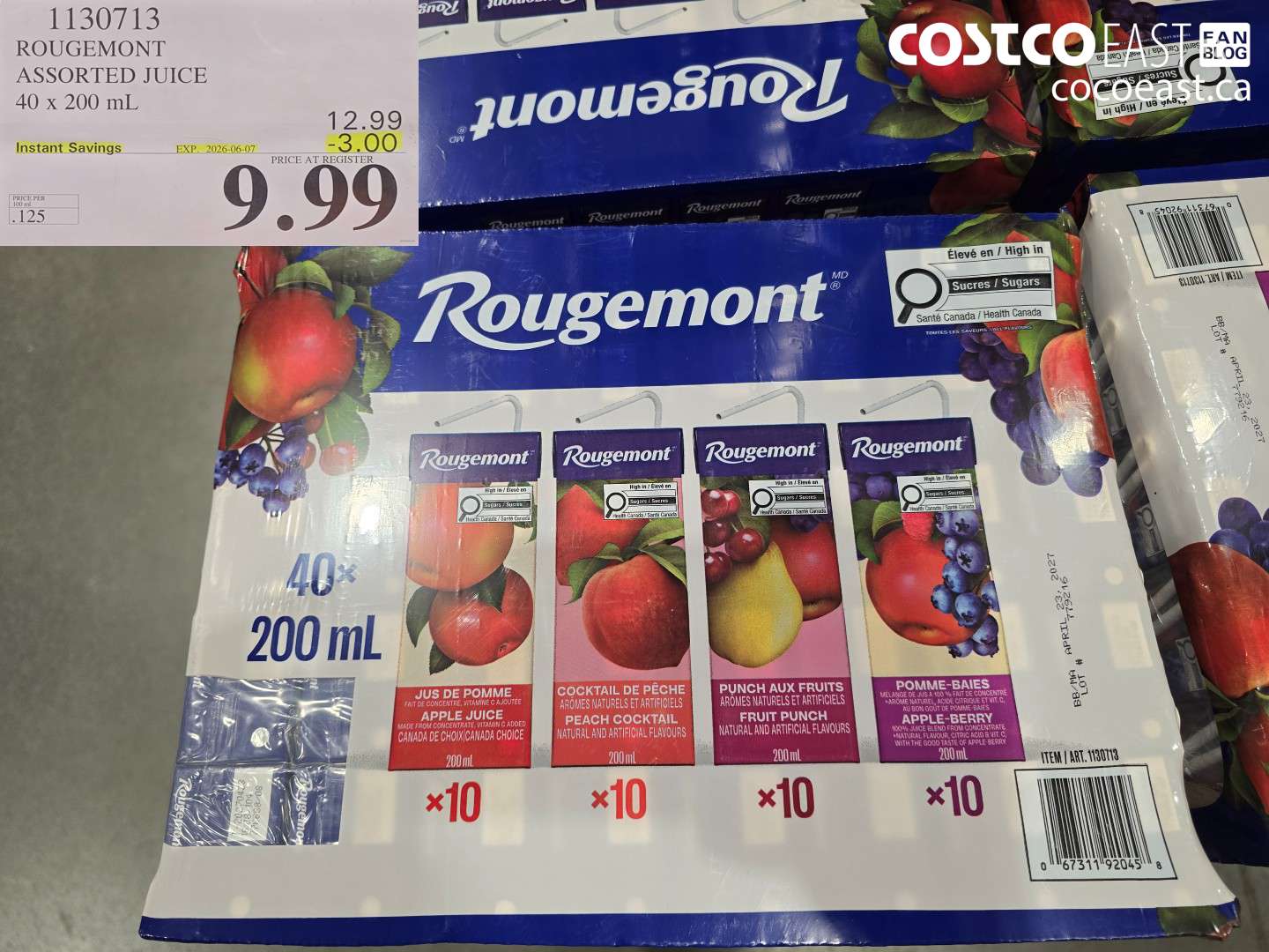 1130713 ROUGEMONT ASSORTED JUICE 40 X 200 ML ($3.00 INSTANT SAVINGS EXPIRES ON 2026-06-07) $9.99