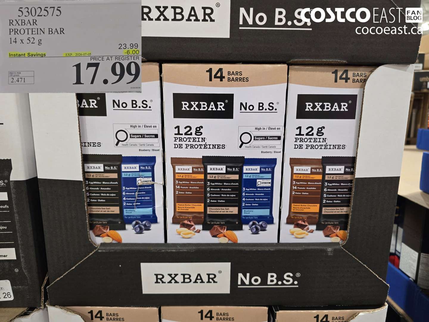 5302575 RXBAR PROTEIN BAR 14 X 52 G ($6.00 INSTANT SAVINGS EXPIRES ON 2026-07-05) $17.99