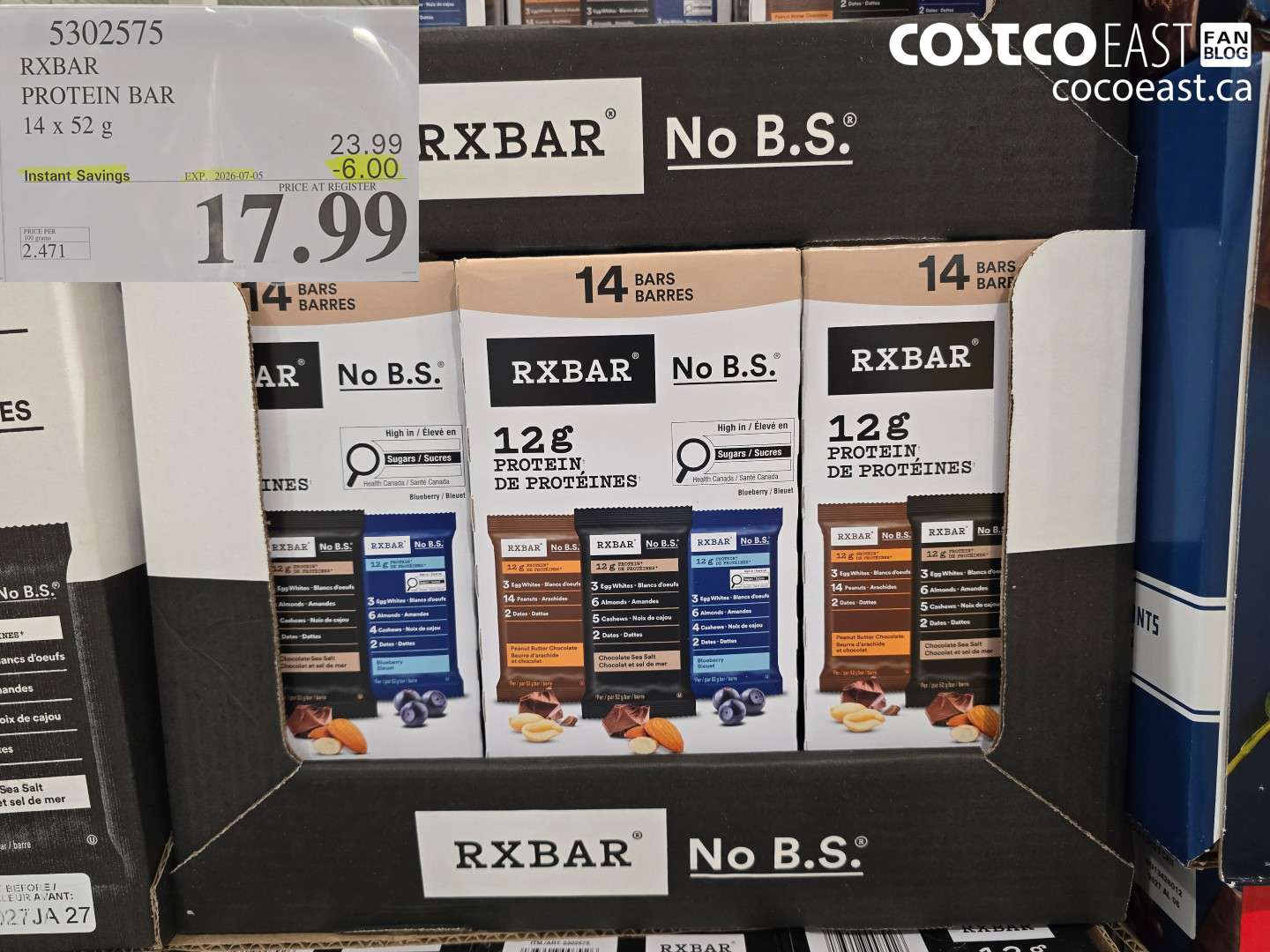 5302575 RXBAR PROTEIN BAR 14 X 52 G ($6.00 INSTANT SAVINGS EXPIRES ON 2026-07-05) $17.99