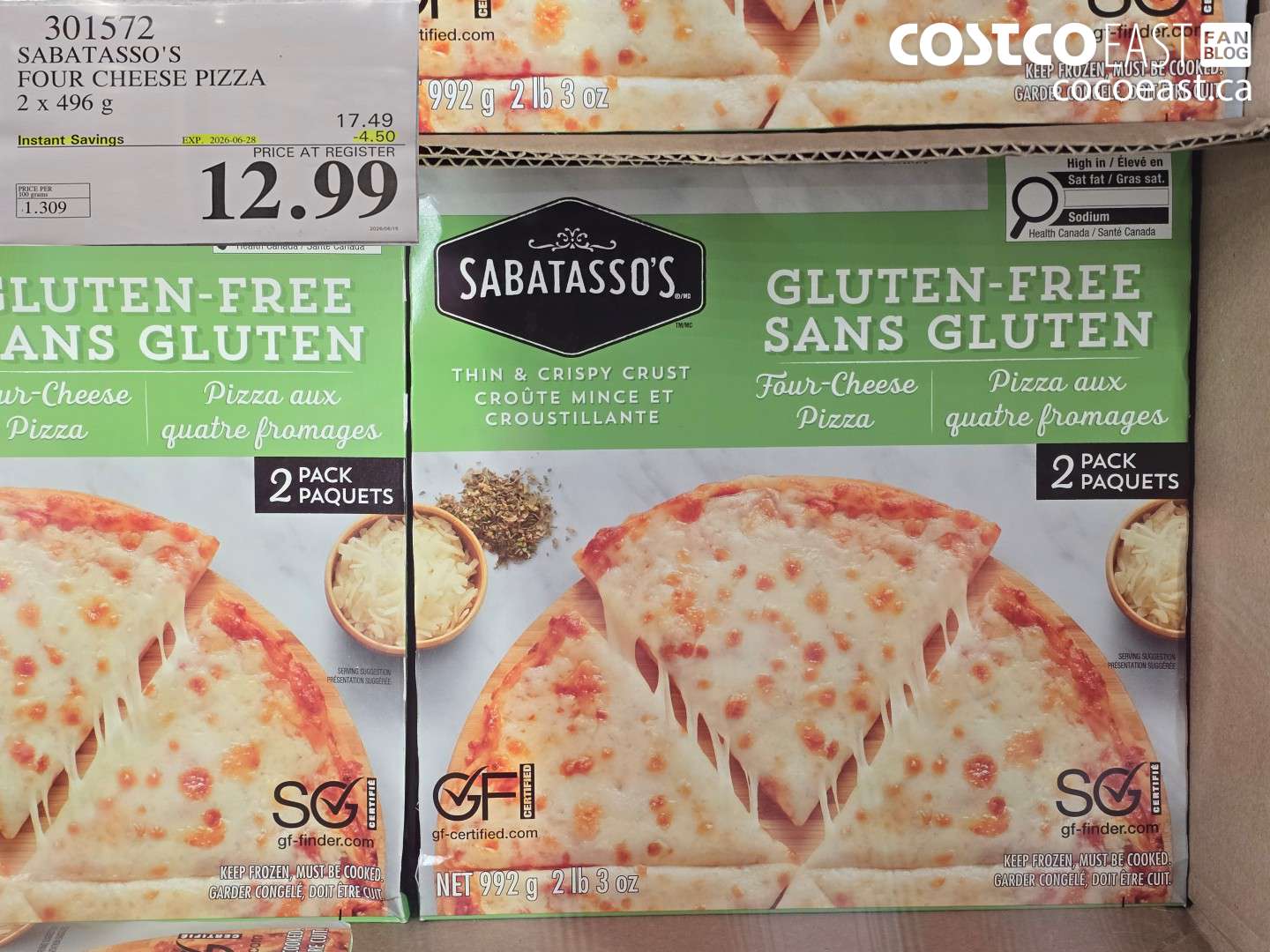 301572 SABATASSO'S FOUR CHEESE PIZZA 2 X 496 G ($4.50 INSTANT SAVINGS EXPIRES ON 2026-06-28) $12.99