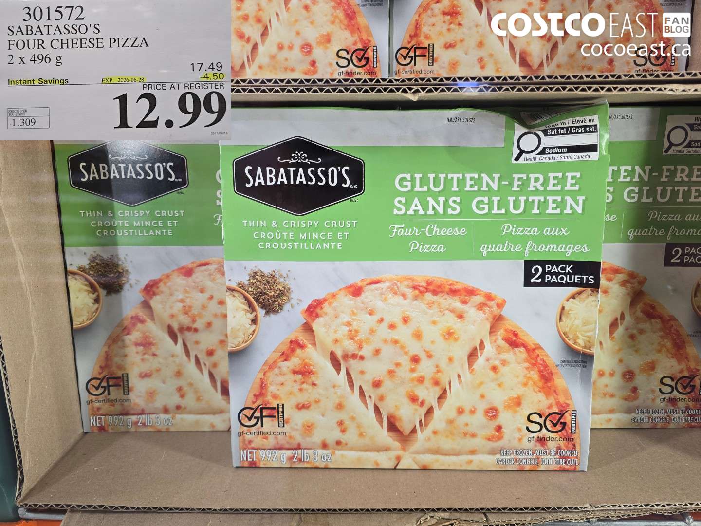 301572 SABATASSO'S FOUR CHEESE PIZZA 2 X 496 G ($4.50 INSTANT SAVINGS EXPIRES ON 2026-06-28) $12.99