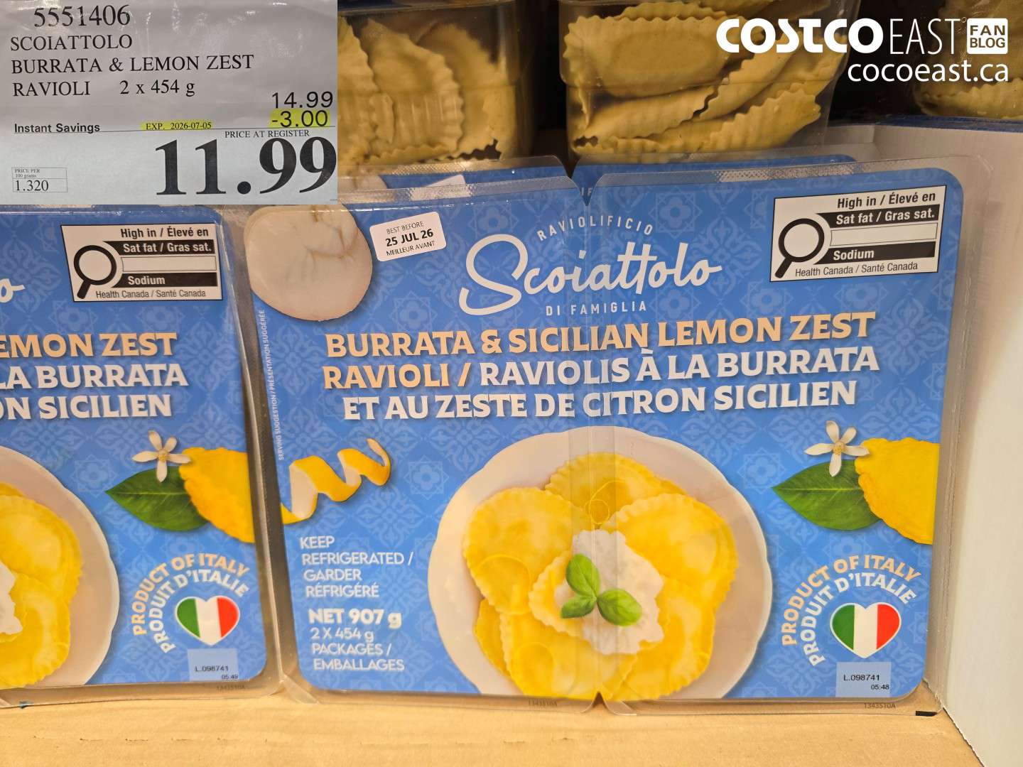 5551406 SCOIATTOLO BURRATA & LEMON ZEST RAVIOLI 2 X 454 G ($3.00 INSTANT SAVINGS EXPIRES ON 2026-07-05) $11.99