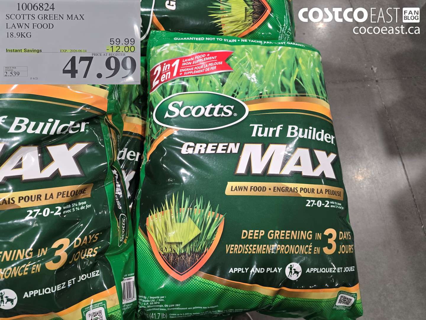 1006824 SCOTTS GREEN MAX LAWN FOOD 18.9KG ($12.00 INSTANT SAVINGS EXPIRES ON 2026-06-14) $47.99