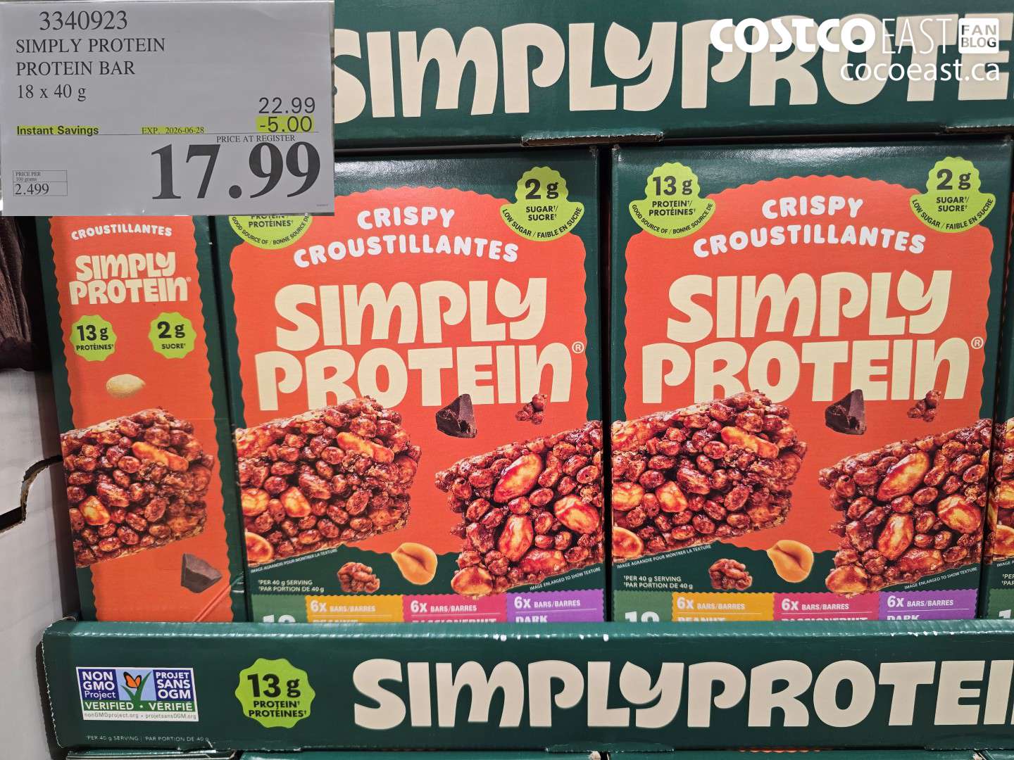 3340923 SIMPLY PROTEIN PROTEIN BAR 18 X 40 G ($5.00 INSTANT SAVINGS EXPIRES ON 2026-06-28) $17.99