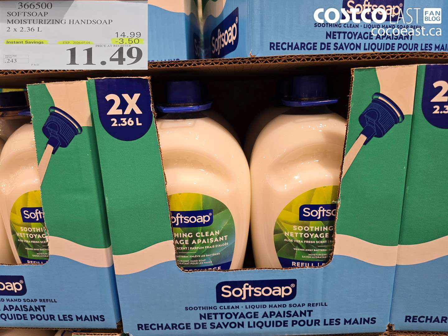 366500 SOFTSOAP MOISTURIZING HANDSOAP 2 X 2.36 L ($3.50 INSTANT SAVINGS EXPIRES ON 2026-07-05) $11.49