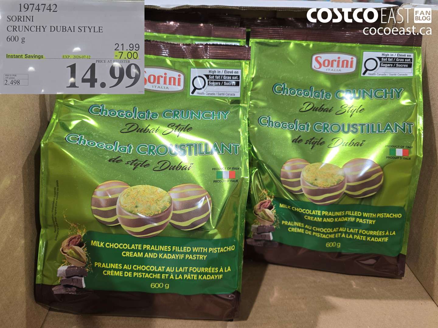 1974742 SORINI CRUNCHY DUBAI STYLE 600 G ($7.00 INSTANT SAVINGS EXPIRES ON 2026-07-12) $14.99