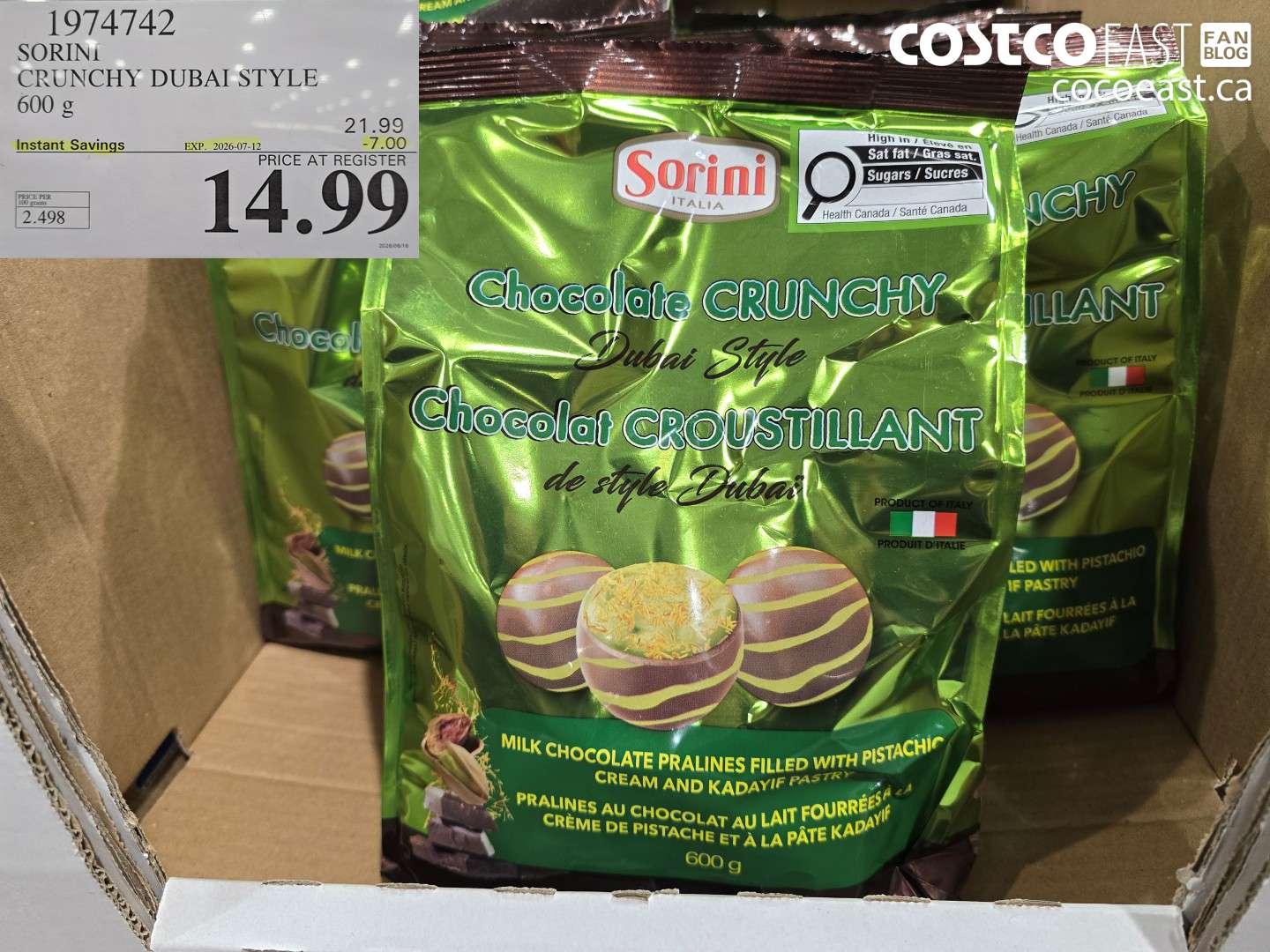 1974742 SORINI CRUNCHY DUBAI STYLE 600 G ($7.00 INSTANT SAVINGS EXPIRES ON 2026-07-12) $14.99