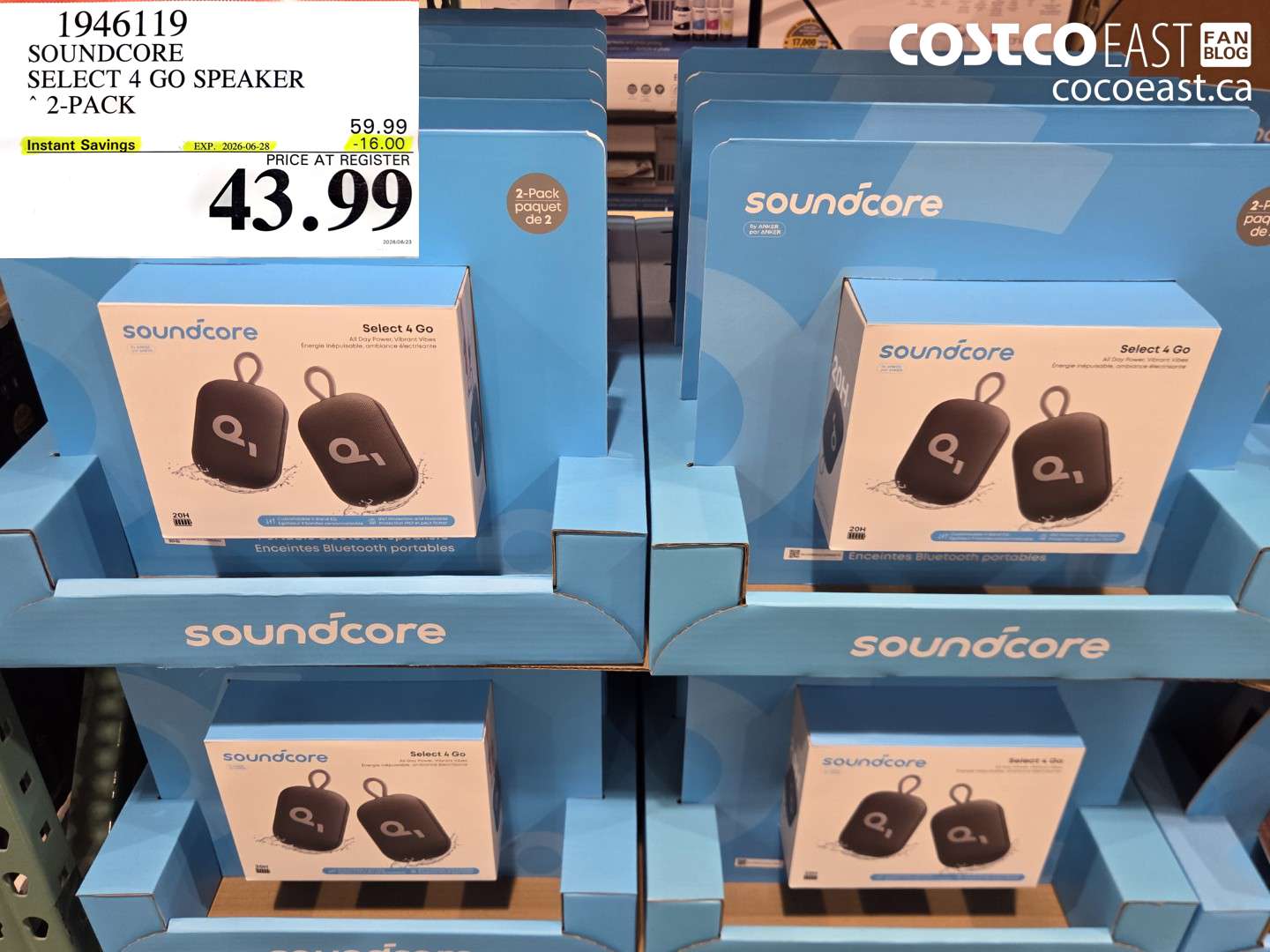 1946119 SOUNDCORE SELECT 4 GO SPEAKER 2-PACK ($16.00 INSTANT SAVINGS EXPIRES ON 2026-06-28) $43.99