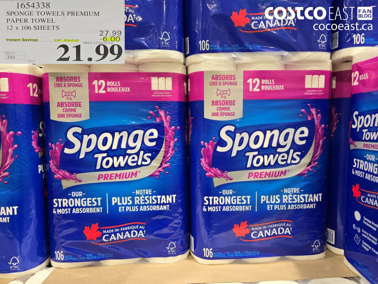 1654338 SPONGE TOWELS PREMIUM PAPER TOWEL 12 X 106 SHEETS ($6.00 INSTANT SAVINGS EXPIRES ON 2026-07-05) $21.99