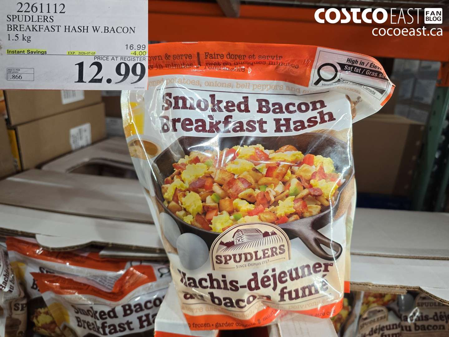 2261112 SPUDLERS BREAKFAST HASH W.BACON 1.5 KG ($4.00 INSTANT SAVINGS EXPIRES ON 2026-07-05) $12.99
