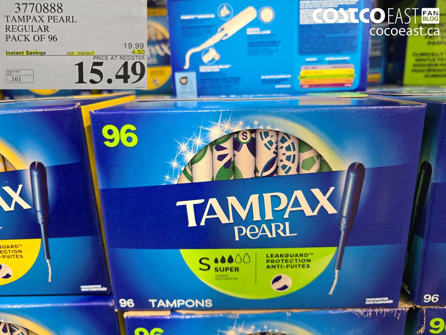 3770888 TAMPAX PEARL REGULAR PACK OF 96 ($4.50 INSTANT SAVINGS EXPIRES ON 2026-06-07) $15.49
