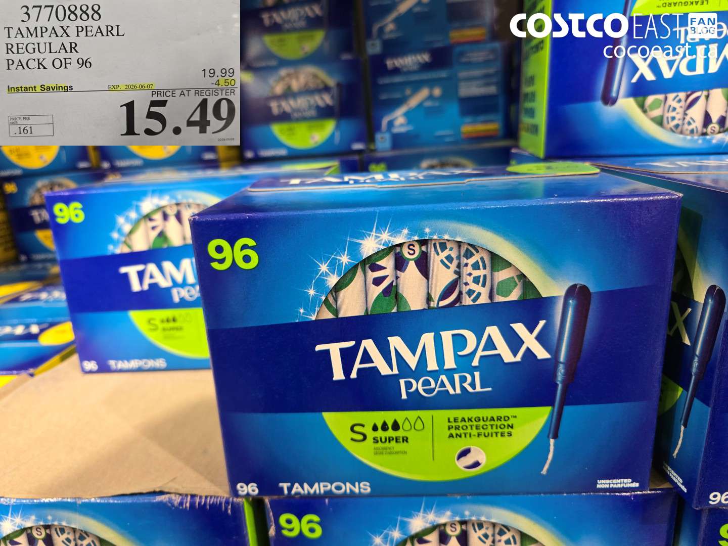 3770888 TAMPAX PEARL REGULAR PACK OF 96 ($4.50 INSTANT SAVINGS EXPIRES ON 2026-06-07) $15.49