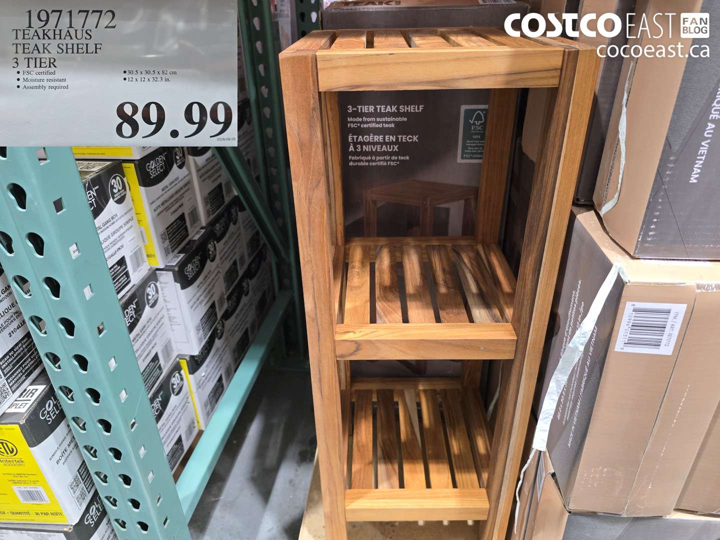 1971772 TEAKHAUS TEAK SHELF 3 TIER 30.5 X 30.5 X 82 CM 12 X 12 X 32.3 IN. $89.99