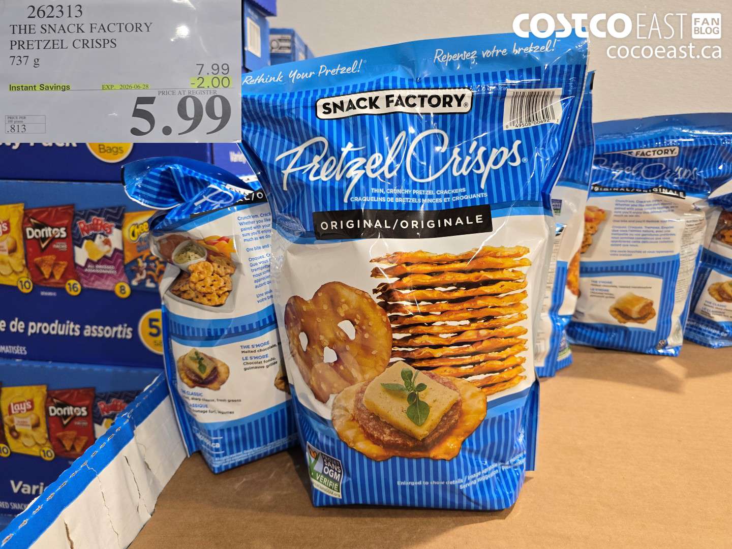 262313 THE SNACK FACTORY PRETZEL CRISPS 737 G ($2.00 INSTANT SAVINGS EXPIRES ON 2026-06-28) $5.99