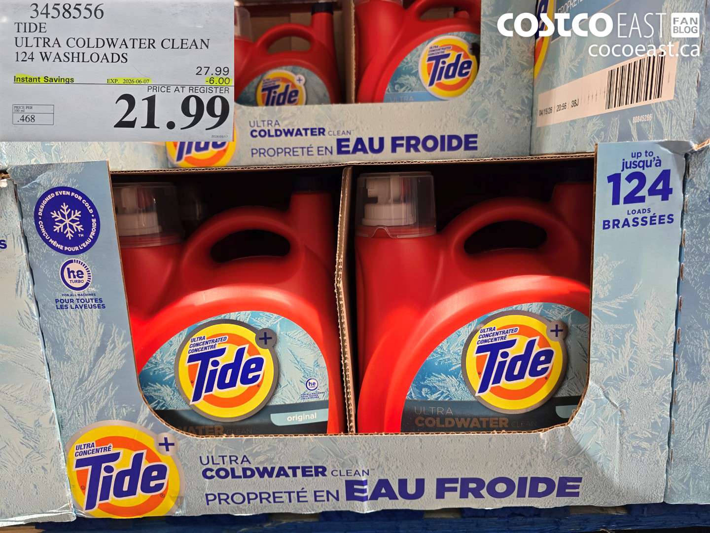 3458556 TIDE ULTRA COLDWATER CLEAN 124 WASHLOADS ($6.00 INSTANT SAVINGS EXPIRES ON 2026-06-07) $21.99