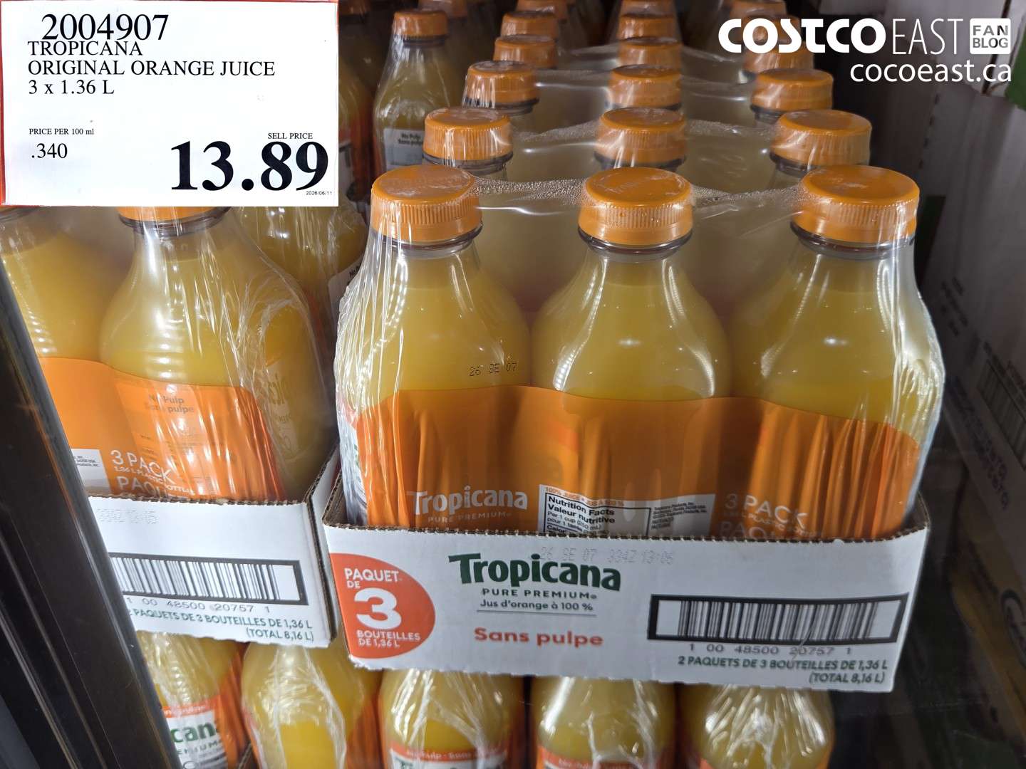 2004907 TROPICANA ORIGINAL ORANGE JUICE 3 X 1.36 L $13.89